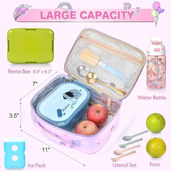 Lunch Box Kids, 11" L x 7" W x 3.5" H, Waterproof Reusable Insulated Lunch Bag for Girls, Cooler Bento Boxes Containers & Snacks for Elementary School Travel (Butterfly Purple)