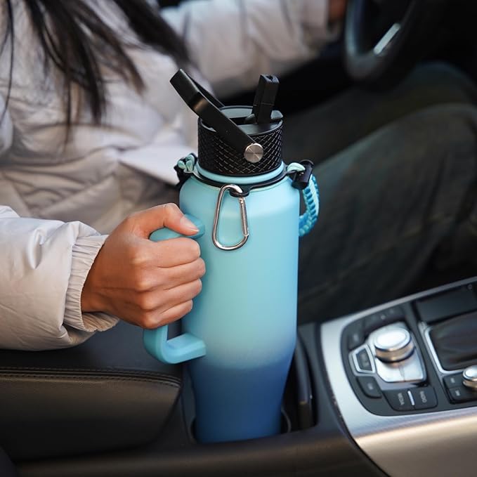 BJPKPK Insulated Water Bottles with Straw Lid, 23oz Metal Water Bottle with 2 lids & Paracord Strap, Double Wall Stainless Steel Vacuum Tumblers, Cups, Mugs, Thermo for Hot& Cold Drinks, Sky