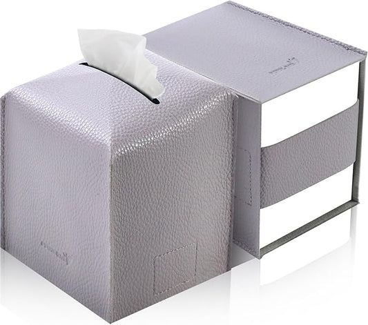 Tissue Box Cover 5X5X5'' PU Leather Tissue Holder Square Tissue Cube Box Organizer for Bathroom Vanity Countertop, Car, Night Stands, Office, Home, Kitchen (2Pack, Light Bray Purple)