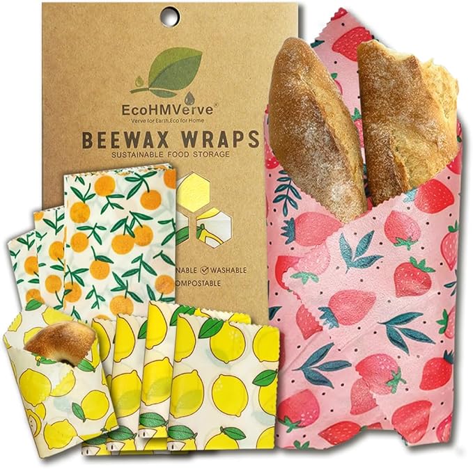 Beeswax Reusable Food Wraps for Bread & Sandwiches – Organic Cotton, Beeswax & Pine Resin Reusable Food Wrap with Multi-function brush– Eco-Friendly Kitchen Storage