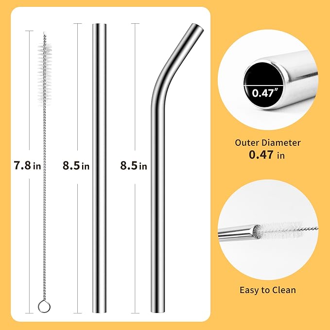 8.5 in Stainless Steel Smoothie Straws, 0.47" Extra Wide Reusable Metal Drinking Straws for Milkshake, Bubble Tea, Beverage, Straight & Bent Straws