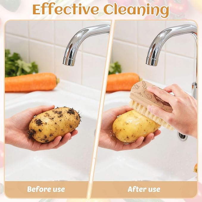 Vegetable and Fruit Cleaning Brush Scrubber Beechwood Handle Fruits Veggie Wash Brushes Potato Carrot Cucumber Mushrooms Washing Cleaner(Beige, 1)
