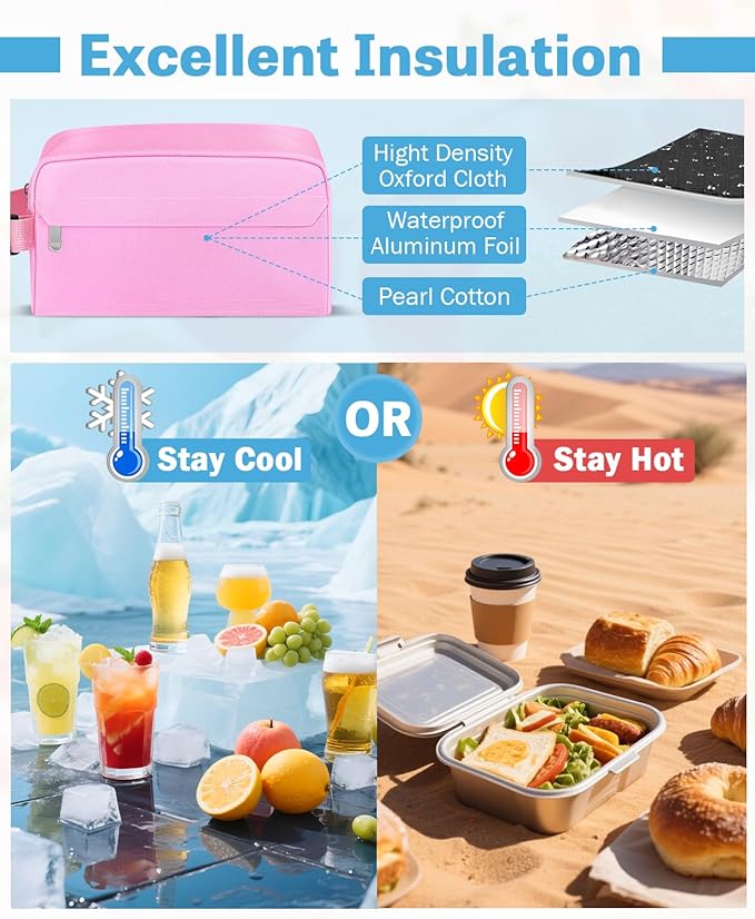 Small Insulated Snack Bag Lunch Box,Collapsible Reusable Small Lunch Bag with Snap Buckle Handle for Beach Travel Picnic,Pink 5-Can(3L)