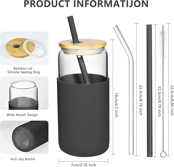 20oz Drinking Glasses Cups Set of 4 Beer Can Shaped Drinking Glasses with Silicone Protective Sleeve Straw Bamboo Lid Iced Coffee for Coffee Smoothie Boba Tea(Black*4)