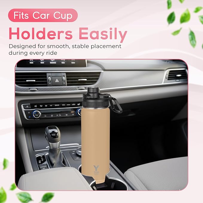 Y TOP 24oz Insulated Water Bottle Cup Holder Friendly, Leak Proof Spout Lid, Double Wall Insulation, Dishwasher Safe, Easy Clean Stainless Steel Water Bottle for Gym Kids Sports Travel School Hiking