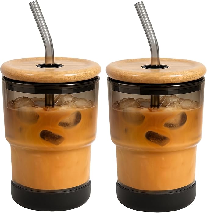 Zukro 13 oz Glass Iced Coffee Cups with Bamboo Lid and Straw for Office/Home/Work, Zero Plastic, Thick Wall Glass Water Tumbler With Silicone Bottom, Matcha Glasses, ECO Friendly, Gray 2 Pack