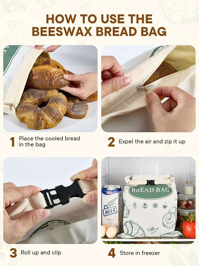 2 Pack Beeswax Bread Bags with Zipper Reusable Bread Storage Bags for Homemade Bread Sourdough Large Cotton Baguette Bag with Liner Freezer Storage Bag to Keep Fresh Kitchen Baking Supplies