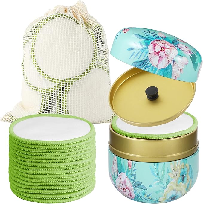 16 Packs Reusable Makeup Remover Pads - Natural Bamboo Cotton Rounds Eco-Friendly for All Skin Types with Cotton Laundry Bag & Fashionable Metal Box，Green