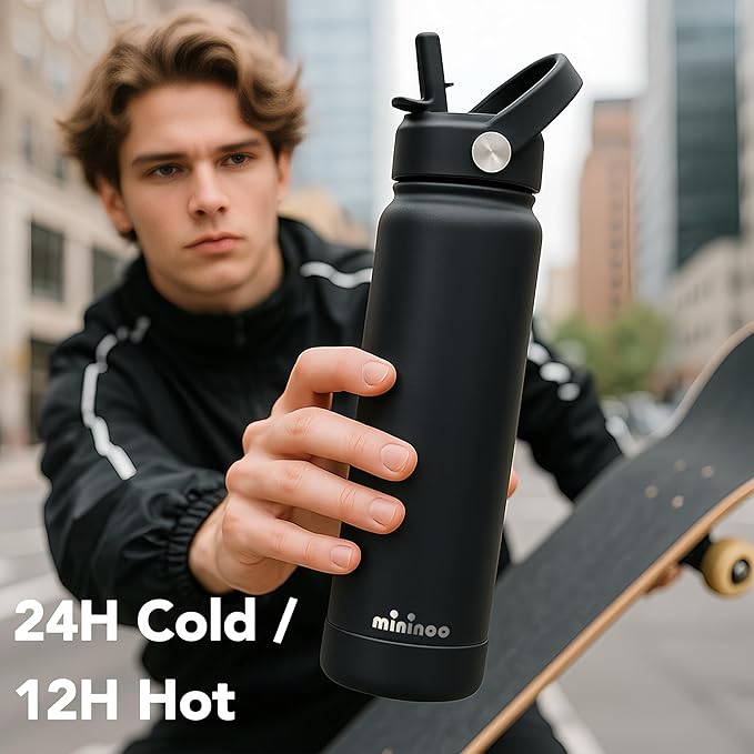 Mininoo Insulated Stainless Steel Water Bottle with Straw, Ceramic-Lined, BPA-Free & Leak-Proof, 24 oz, Black