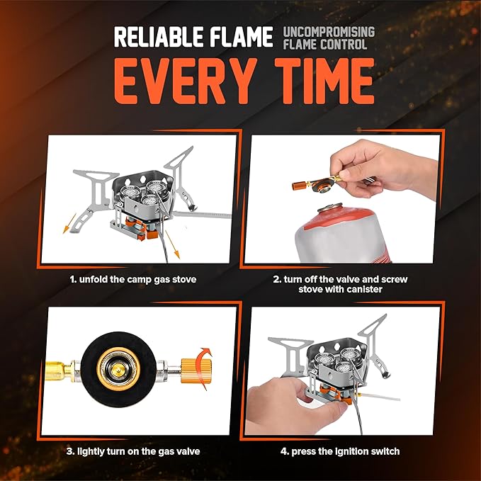 5000W Camping Stove, Backpacking Windproof Camp Stove with Piezo Ignition Carrying Case and 2 Additional Adapters, Compatable with Isobutane, Propane, Butane Tanks, Portable and Collapsible