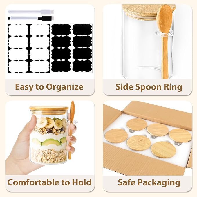 6 Pack Overnight Oats Containers with Lids and Spoons, 16oz Glass Jars with Bamboo Lids, Airtight Meal Prep Yogurt Containers for Breakfast, Parfait, Salad, Chia Pudding