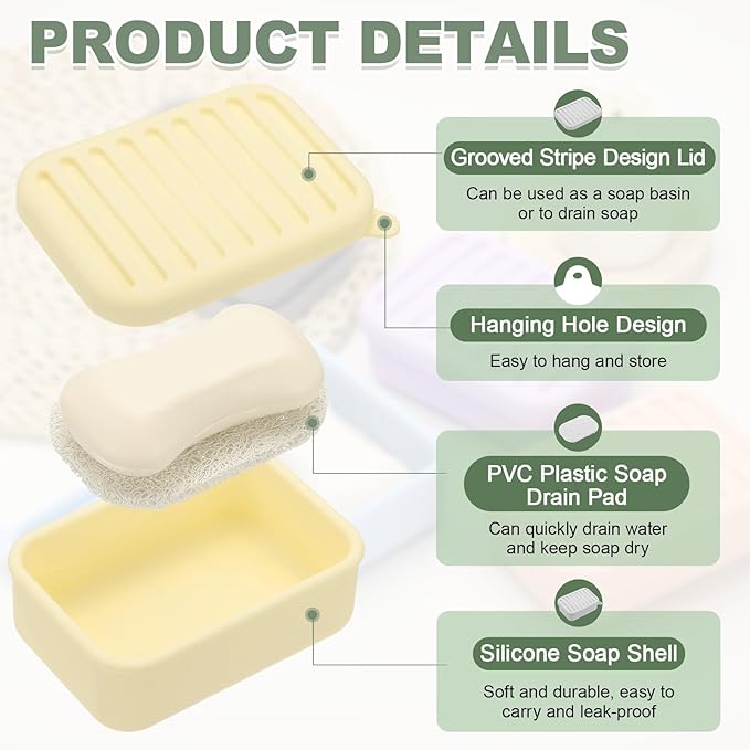 uxcell Shampoo Bar Travel Case, Silicone Leak Proof Soap Bar Case with Draining Layer Soap Container for Traveling, Bathroom, Gym, Camping(4"x2.76"x1.3", Yellow)