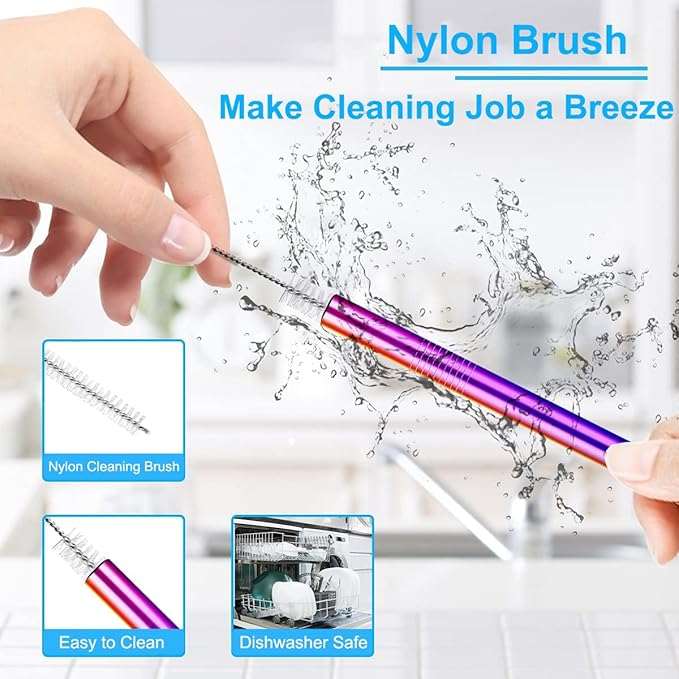 Vinaco Reusable Smoothie Straws, 0.4'' Wide Stainless Steel, 10.5'' & 8.5'' Long, 4 Pack with 1 Cleaner for Milkshake, Smoothie, Bubble Tea
