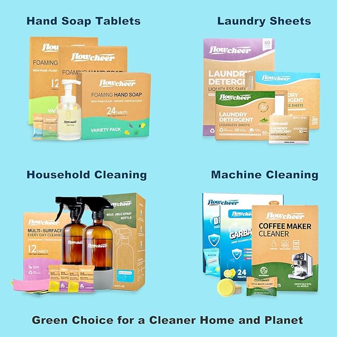 flowcheer Free & Clear All Purpose Cleaner Refills – Non-Toxic Multi-Surface Cleaning Tablets (12 Pack) Makes 192 Fl Oz Spray Cleaner for Home & Kitchen – Unscented