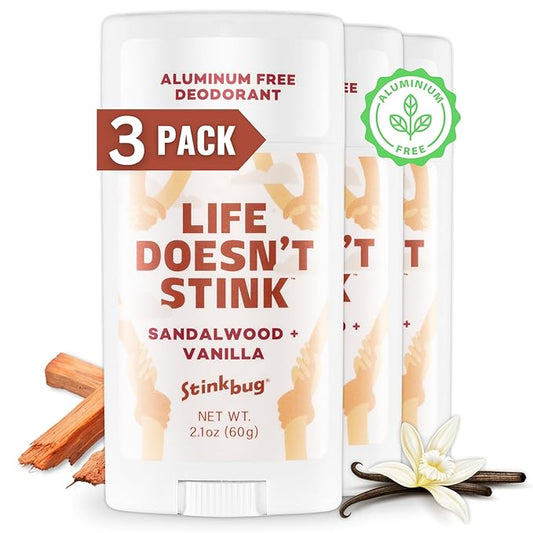 Stinkbug Naturals Organic Aluminum Free Deodorant Stick with Sandalwood + Vanilla, Coconut Oil and Essential Oils, Paraben Free, Sensitive Skin Deodorant, 2.1 Ounces Pack of 3