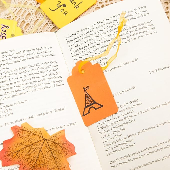SallyFashion 100PCS Gift Tags, Yellow Paper Tags Hanging Label with Organza Ribbons for Gift Wrapping Fall Thanksgiving DIY Crafts Decoration
