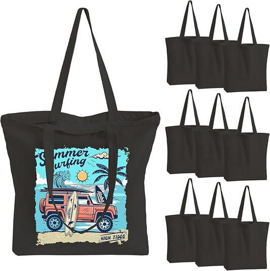 10 Pack Black Canvas Tote Bag with Zipper, OLSUNOR Reusable Grocery Bags with Long Handle, DIY Heat Transfer Sublimation Blanks Shopping Bags for Advertising Birthday Thanksgiving Christmas Craft Bags