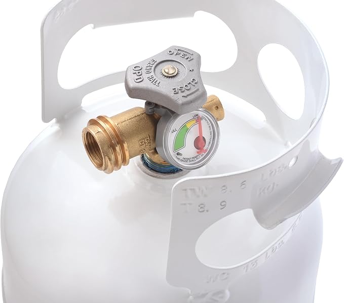 Flame King YSN5LB-GAUGE 5lb Steel Propane Tank Cylinder with Gauge and OPD Valves for Grills and BBQs, Camping, Fishing, & Outdoor Activities, White
