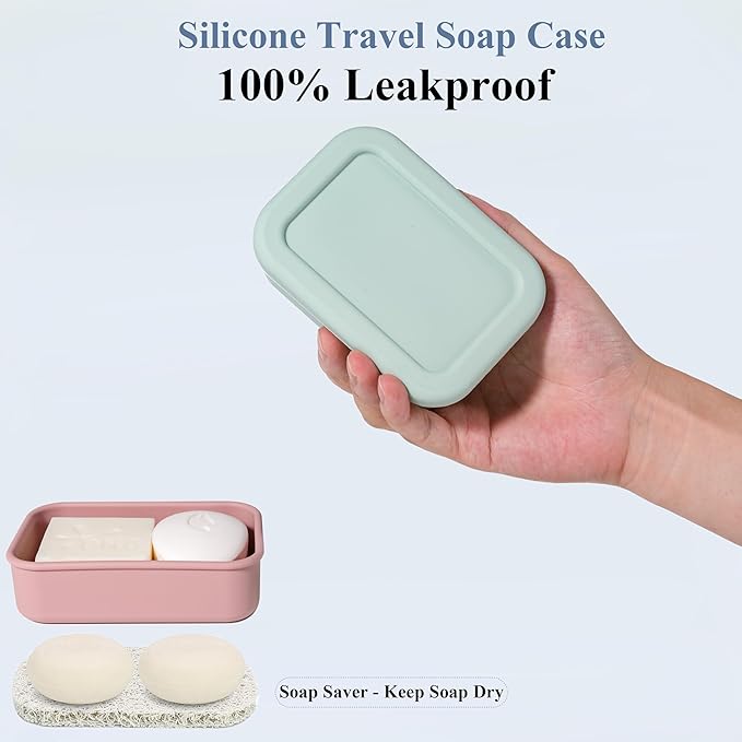 MtBoi 2PC Portable Leakproof Travel Soap Case, Silicone Soap Container, Compact Travel Holder with Drainage Layer, Camping, Gym, Outdoor Pink&MintGreen