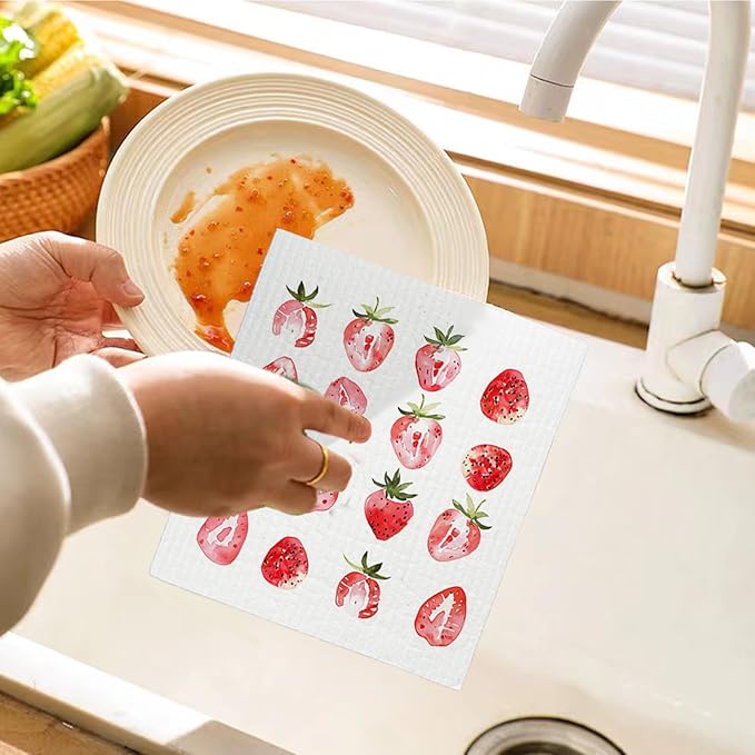 Strawberries Swedish Dishcloths for Kitchen, Pink Swedish Dish Cloths for Friut, Papaya Reusable Paper Towels, 4 Pack Cleaning Cloth for Kitchen, Reusable Paper Towels Washable