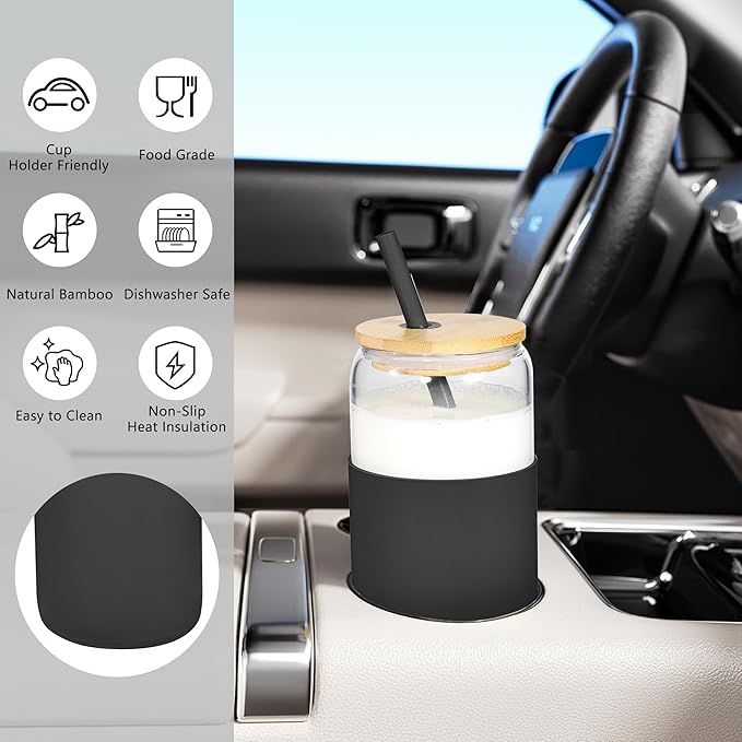 20oz Drinking Glasses Cups Set of 4 Beer Can Shaped Drinking Glasses with Silicone Protective Sleeve Straw Bamboo Lid Iced Coffee for Coffee Smoothie Boba Tea(Black*4)