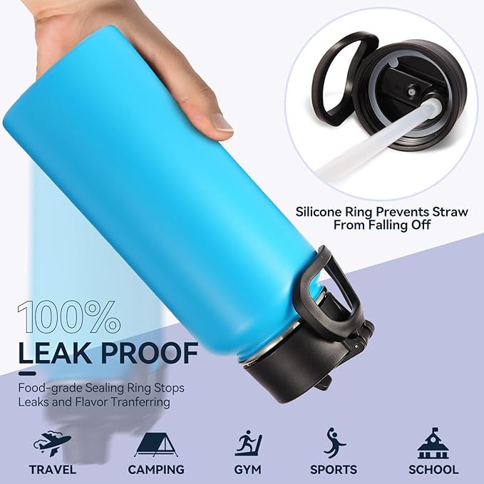 Neihepal 32 oz Insulated Water Bottles Bulk with 2 Lids (Straw & Spout Lid), Stainless Steel Double Wall Water Bottle, Keeps Cold 24H & Hot 12H (Blue,4 Pack)