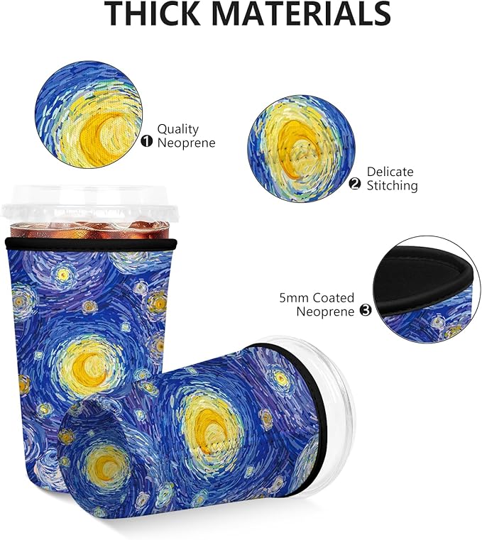Iced Coffee Sleeve, Reusable Insulated Neoprene Cup Sleeve for Cold & Hot Drinks Beverages, Cup Holder for 22-24oz Coffee Cups, Starry Night