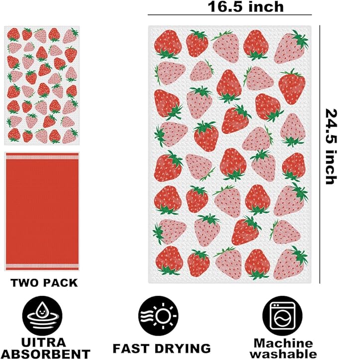 Jztco 2Pcs Strawberry Kitchen Towels 24x14 Inch, Summer Fruits Waffle Weave Hand Towels for Kitchen Home Decor, Red Absorbent Microfiber Dish Cloth Tea Towel, Strawberry Gifts for Women Mom Grandma