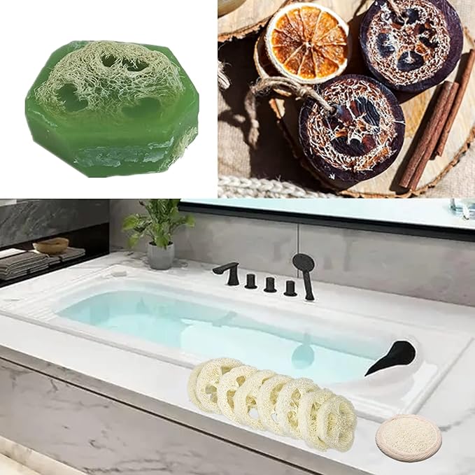 50Pcs Natural Loofah Cuts Slice of 3.15inch, Reusable Cleaner Sponge Scrubber, Facial Soap Holder and DIY Customize Soap Tools, with 3Pcs Exfoliating Loofah Pad and 1 Storage Bag