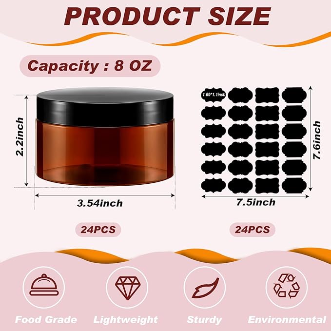Dandat 24 Pcs 8 oz Plastic Jar Container with Lid and Label Refillable Empty Round Amber PET Cosmetic Sample Containers for Lotion, Cream, Ointments, Body Butter, Makeup, Travel Storage