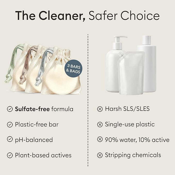 Vove Complete Hair & Body Bar Set with Storage Bags, 3 Bars: Shampoo, Conditioner & Body Wash with Rice Protein & Cocoa Butter, Vanilla Cedar & Neroli, Plastic-Free, Moisturizing & Strengthening