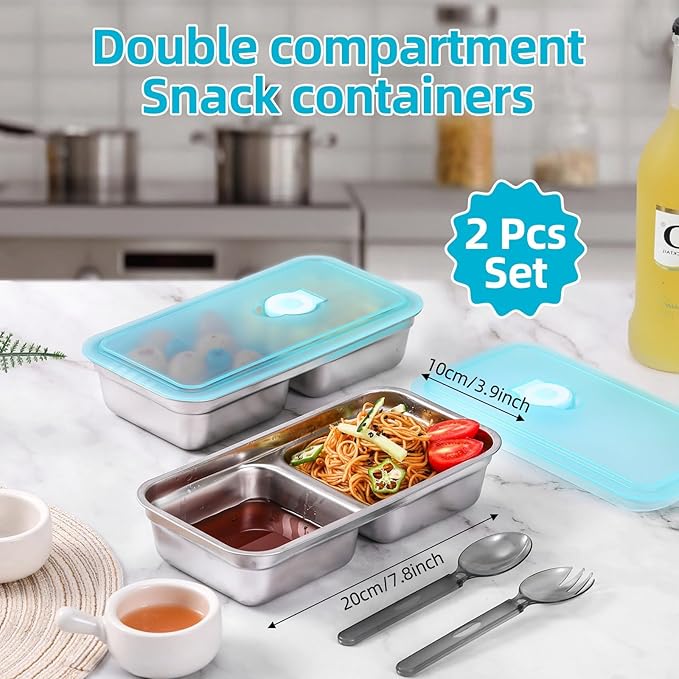 Stainless Steel Snack Containers with Lids, 4 Pack Reusable Grab and Go 2 Compartment Lunch Box for Travel & Outdoor Campin.