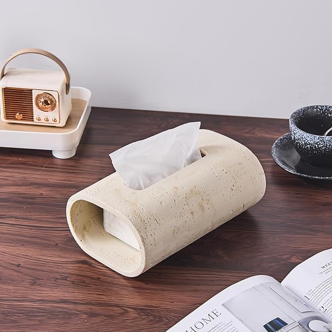 Natural Travertine Textures Tissue Box Holder Rectangle, Resin Facial Tissue Holder Cover, Decorative Bulk Tissue Paper Dispenser for Bathroom Kitchen Bedroom Living Room Office (Beige)