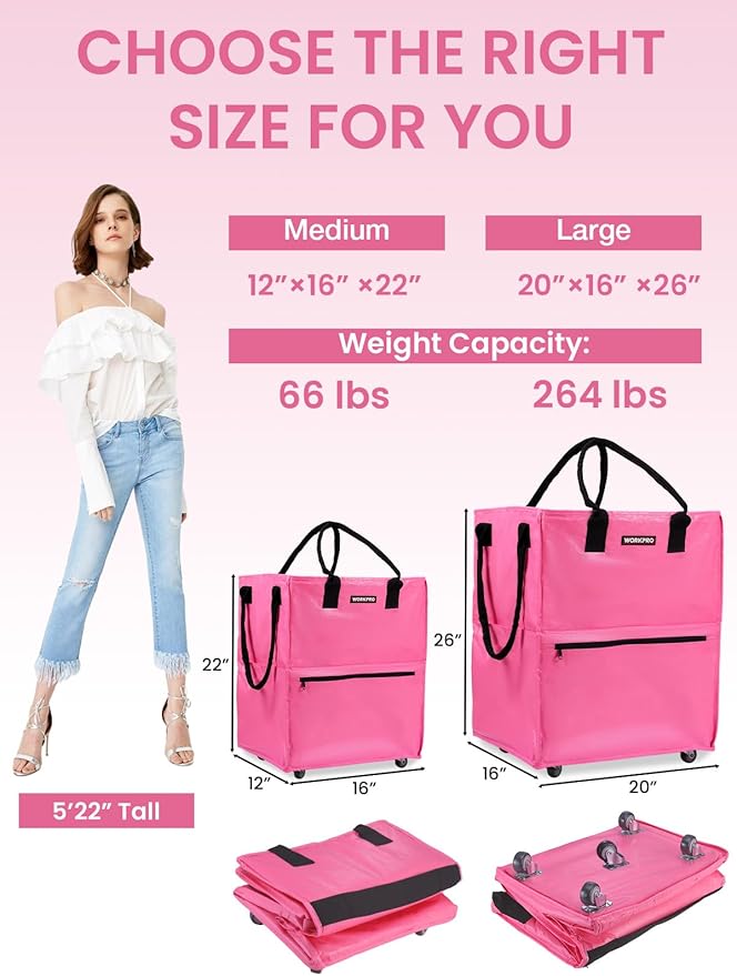 WORKPRO Large Reusable Grocery Bag on Wheels, Heavy Duty Rolling Shopping Tote with Handle, Folding Trolley on 5 Caster Wheels for Groceries, Laundry, Camping, Moving