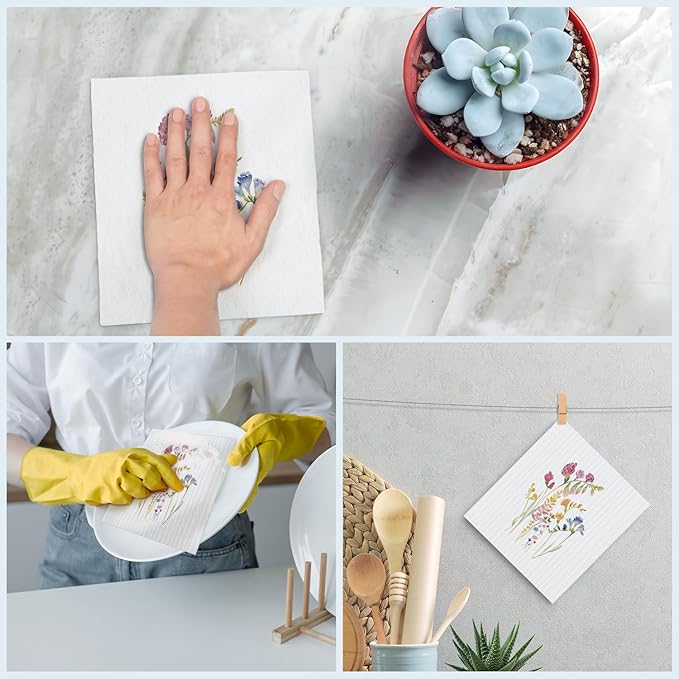 Swedish Dishcloths for Kitchen, Summer Floral Dish Rags Flower Kitchen Dish Towels for Washing Dishes, 4 Pack Reusable Paper Towels, Sponge Cloths for Home Cleaning Cooking Baking