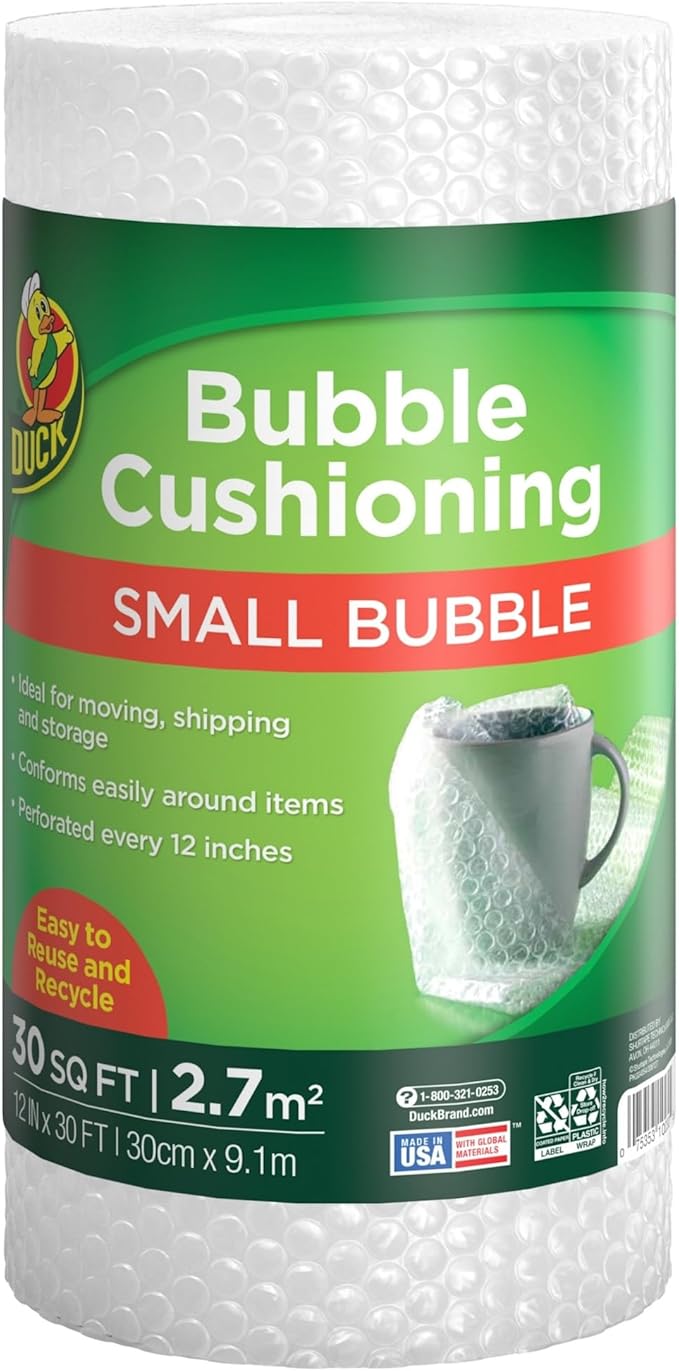 Duck Brand Bubble Wrap Original Protective Packaging, 12 Inches Wide x 30-Feet Long, Single Roll (393251), Clear