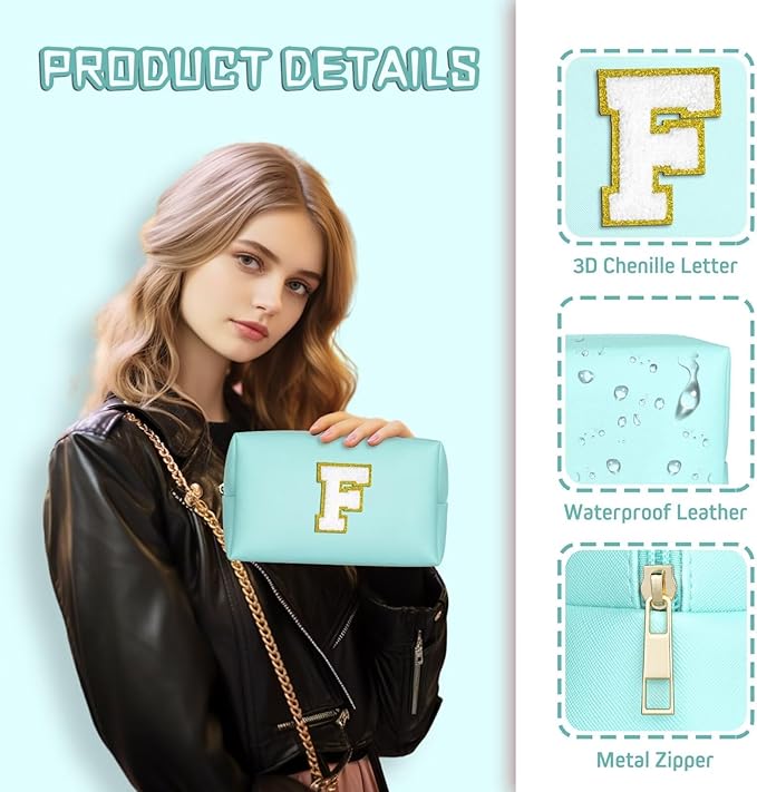 TOPEAST Preppy Makeup Bag, Small Cosmetic Travel Bags for Women, PU Leather Waterproof Toiletry Bag with Zipper, Personalized Birthday Gift for Women Girl, Preppy Gifts for Girl (Blue F)
