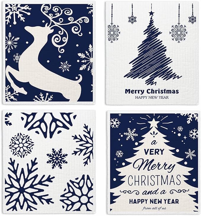 Swedish Dishcloths for Kitchen, Christmas Xmas Tree Snowflake Blue Kitchen Dish Towels for Washing Dishes, 4 Pack Reusable Paper Towels, Sponge Cloths for Holiday Home Cleaning Baking Cooking