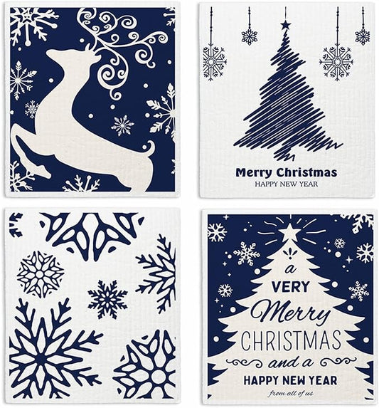 Swedish Dishcloths for Kitchen, Christmas Xmas Tree Snowflake Blue Kitchen Dish Towels for Washing Dishes, 4 Pack Reusable Paper Towels, Sponge Cloths for Holiday Home Cleaning Baking Cooking