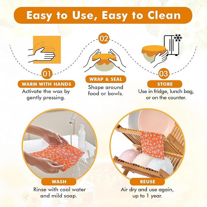 Beeswax Wraps for Food, 3 Pack (S, M, L) Reusable Food Wraps, Bread Sandwich Wrap, Beeswax Paper with Bukcle, Zero Waste, Plastic-Free Food Storage Wrap