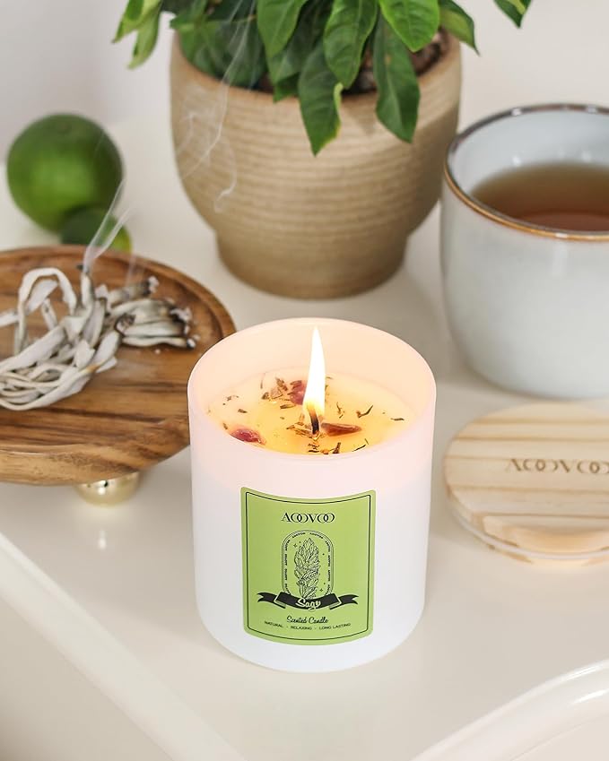 AOOVOO Sage Scented Candles for Women - Aromatherapy Candle with Crystals Inside, 10oz Soy Candles for Home Scented, Birthday Gifts Christmas Candle for Women Mom