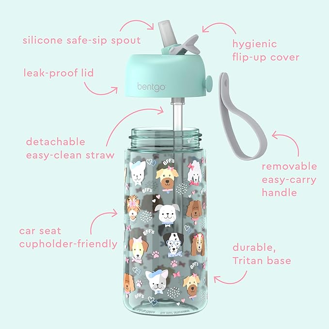 Bentgo Kids Water Bottle - Leak-Proof, Durable Tritan, BPA-Free 15 oz. Cup for Kids/Toddlers Ages 3+, Safe Sip Spout, Carrying Handle, & Dishwasher Safe for School, Sports, Daycare & Camp (Puppy Love)