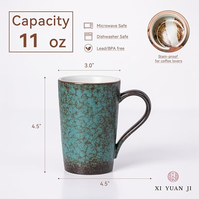 11oz Peacock Green Ceramic Mug, 1340℃ Kiln-Change Unique Glaze Coffee Cup - Lead-Free, Microwave Safe, Handcrafted Gift for Tea/Coffee Lovers