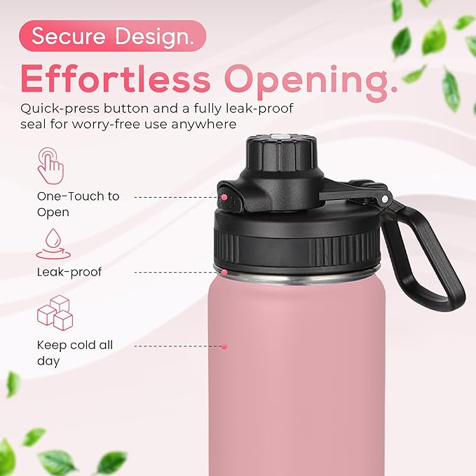 Y TOP 24oz Insulated Water Bottle Cup Holder Friendly, Leak Proof Spout Lid, Double Wall Insulation, Dishwasher Safe, Easy Clean Stainless Steel Water Bottle for Gym Kids Sports Travel School Hiking