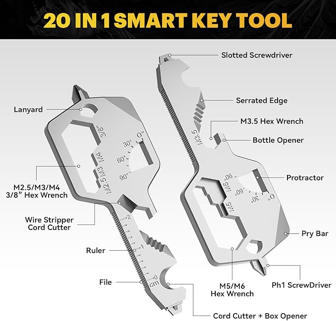 Key Shaped Pocket MultiTool 20-in1 Multi Tool, Stainless Steel Keychain Utility Gadget,Gift for Men, Women, Father,Groomsmen, Valentine's, Birthday, Christmas (Silver)