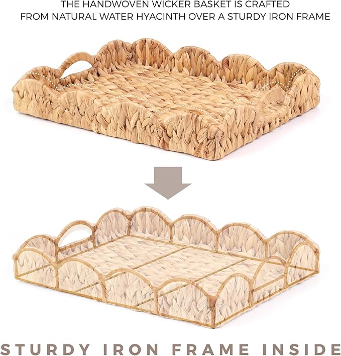 2Pcs - Scalloped Basket, Decorative Basket, Water Hyacinth Tray (17 x 13 x 3 inch - 2Pcs) with Scalloped Edge and Built-in Handles, Rectangle Serving/Woven/Basket/Seagrass Tray