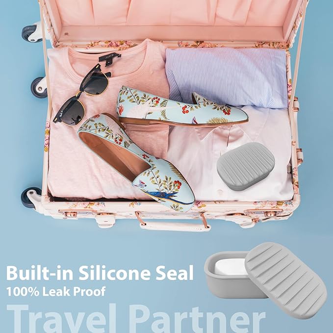 Leakproof Silicone Travel Soap Case with Drainage Layer, Silicone Bar Soap Holder Compact Portable Shatterproof Soap Container Box for Bathroom Gym Camp Travel Toiletries (Gray, Drainage Lid)