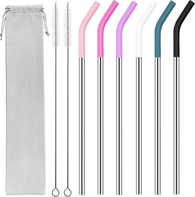 30 oz Stainless Metal Straws for 30 oz Stanley Tumbler, 6Pcs Reusable Straight Long Steel Straws with 12 Silicone Tips and 2 Straw Cleaning Brushes (6Color2, 30oz)