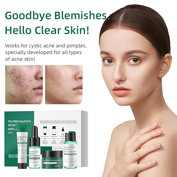 Tea Tree Salicylic Acid Facial Skin Care Set,Travel Size Gifts Set Cystic Hormonal Acne Treatment Face Wash Cleanser, Facial Toner Cream Moisturizer Travel Essentials for Pimple