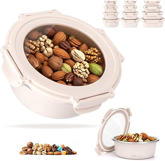 18oz Stainless Steel Lunch Box With Leakproof Tempered Glass Lids Microwavable Stainless Steel Food Storage Containers Stackable Freezer Fruit Snack Meal Prep Metal Bento Box for Travel Picnic Round